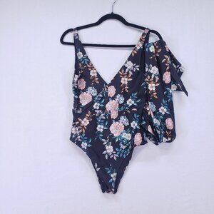 ASOS Swim Size 8 Black Floral Wrap Tie V Neck One Piece Sexy Swimsuit
